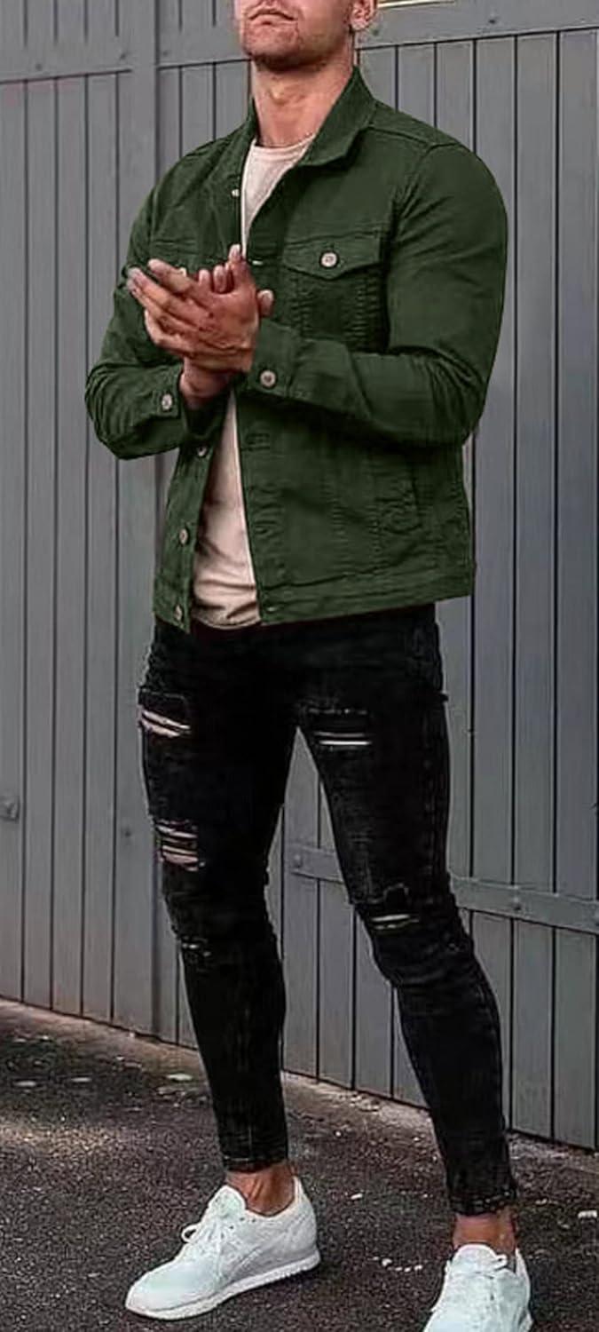 imageCHARTOU Mens Denim Jacket Casual Regular Fit Button Down Long Sleeve Jean Trucker JacketArmy Green