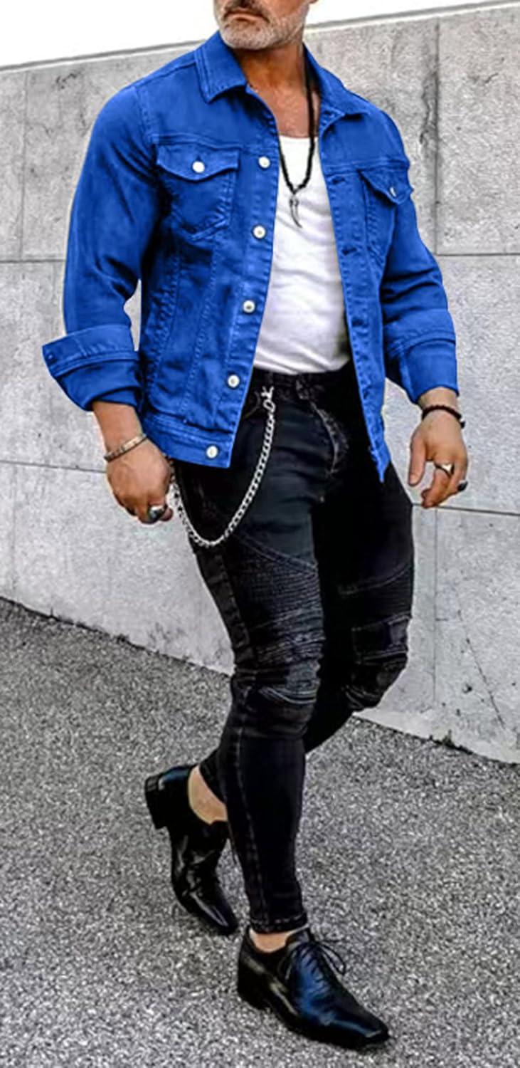 imageCHARTOU Mens Denim Jacket Casual Regular Fit Button Down Long Sleeve Jean Trucker JacketBlue