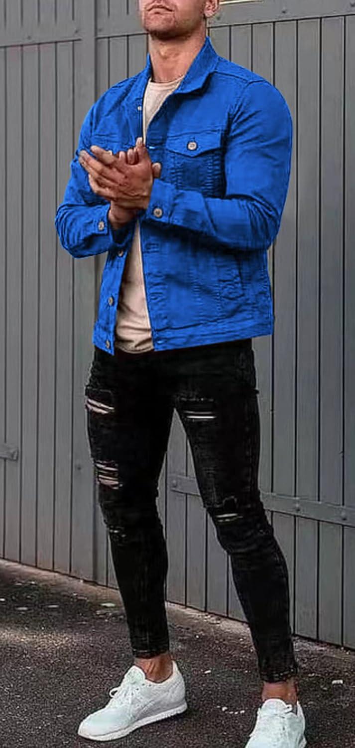 imageCHARTOU Mens Denim Jacket Casual Regular Fit Button Down Long Sleeve Jean Trucker JacketBlue
