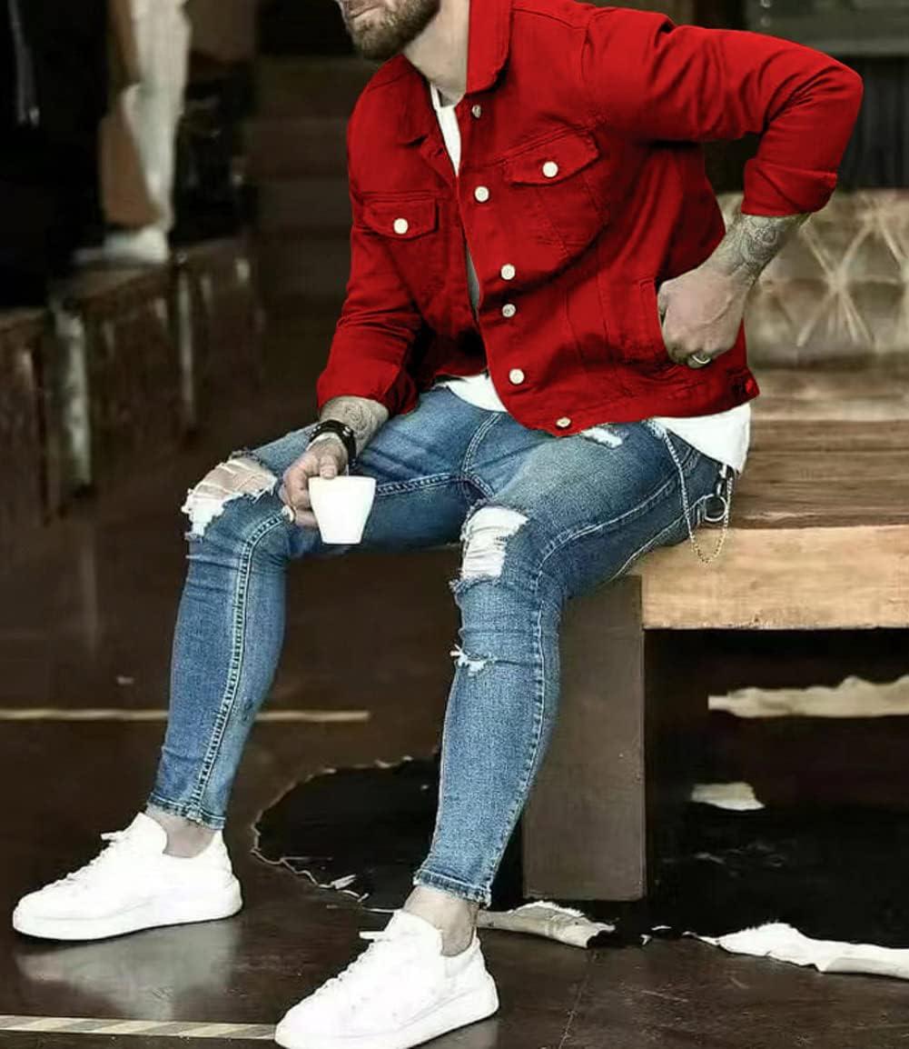 imageCHARTOU Mens Denim Jacket Casual Regular Fit Button Down Long Sleeve Jean Trucker JacketRed
