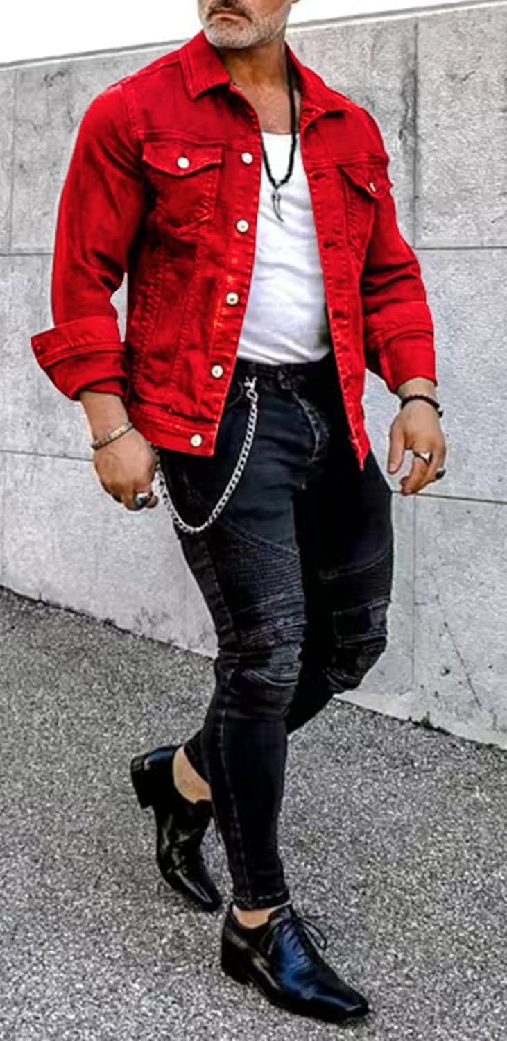 imageCHARTOU Mens Denim Jacket Casual Regular Fit Button Down Long Sleeve Jean Trucker JacketRed