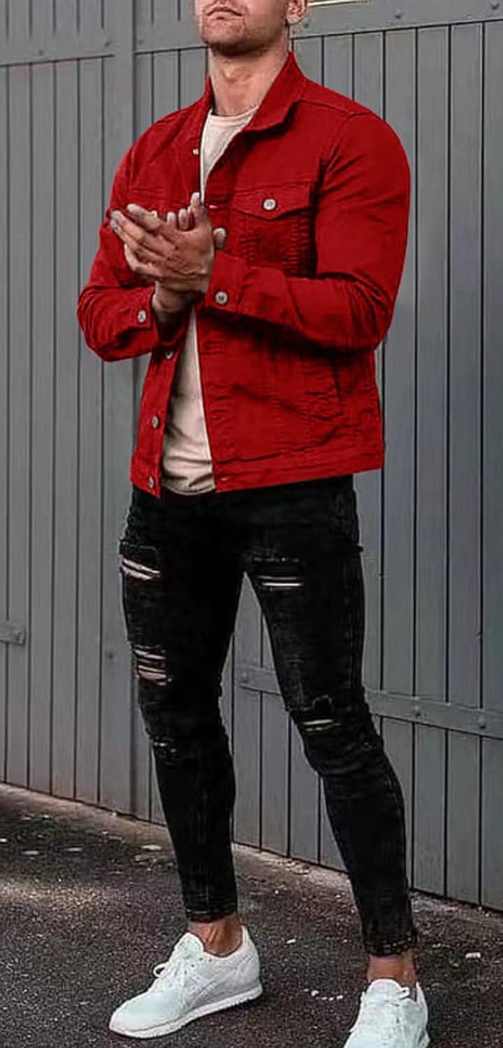 imageCHARTOU Mens Denim Jacket Casual Regular Fit Button Down Long Sleeve Jean Trucker JacketRed