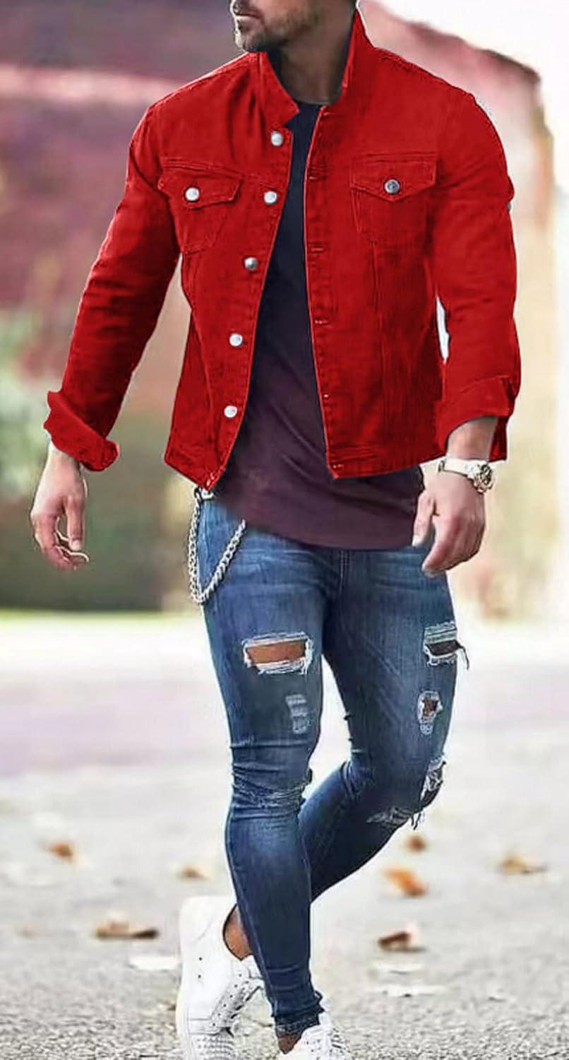 imageCHARTOU Mens Denim Jacket Casual Regular Fit Button Down Long Sleeve Jean Trucker JacketRed