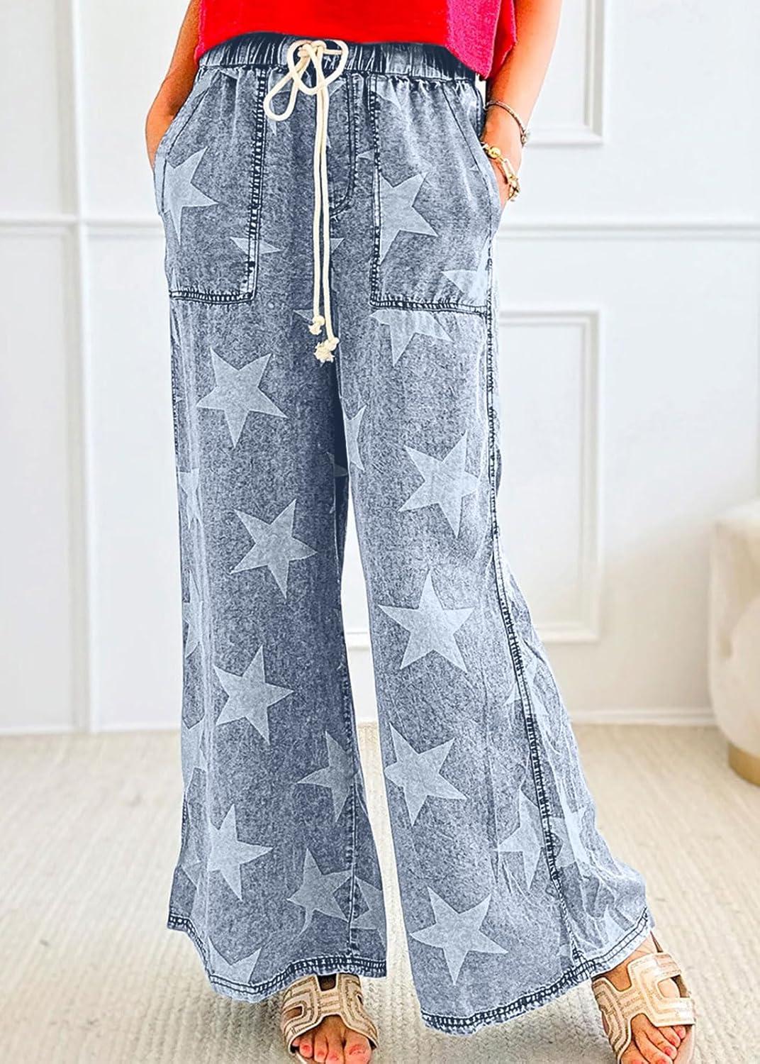 imageCHARTOU Women Baggy Wide Leg Drawstring Jeans Flare Elastic High Waist Star Printed Jeans Loose Denim PantsBlue