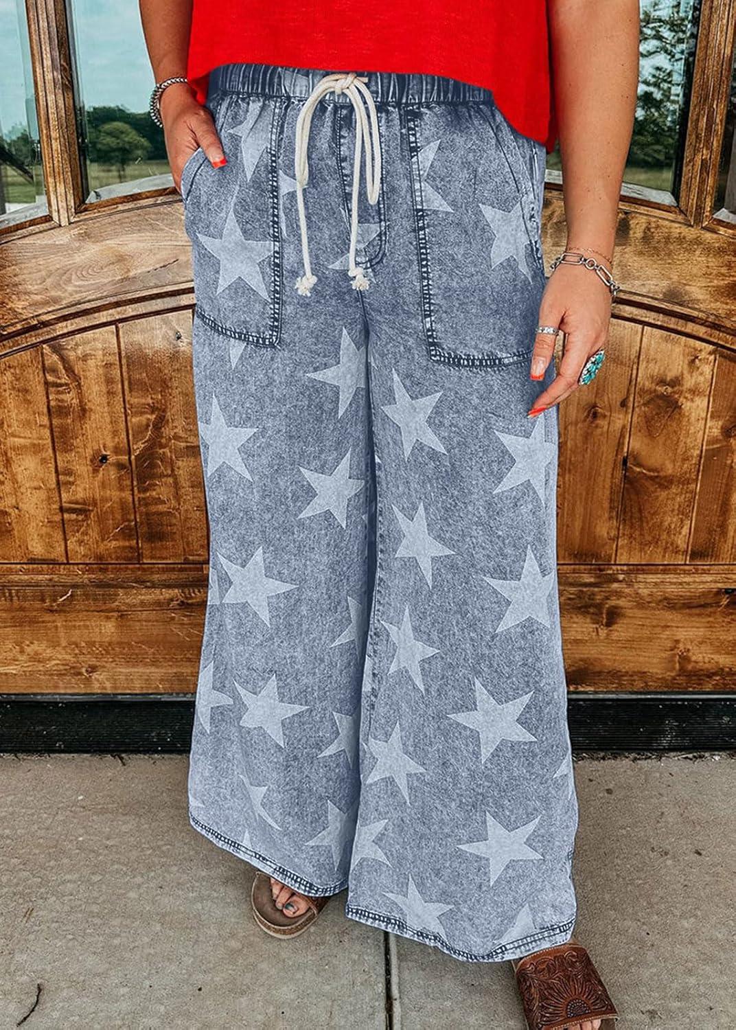 imageCHARTOU Women Baggy Wide Leg Drawstring Jeans Flare Elastic High Waist Star Printed Jeans Loose Denim PantsBlue