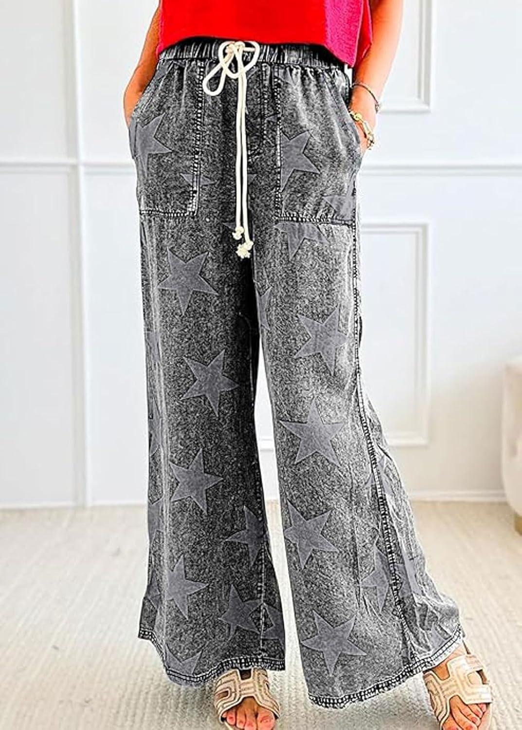 imageCHARTOU Women Baggy Wide Leg Drawstring Jeans Flare Elastic High Waist Star Printed Jeans Loose Denim PantsGrey