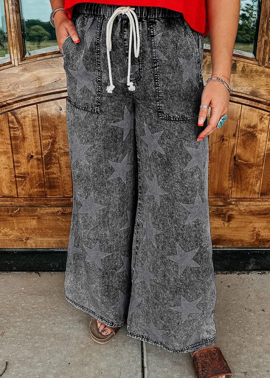 imageCHARTOU Women Baggy Wide Leg Drawstring Jeans Flare Elastic High Waist Star Printed Jeans Loose Denim PantsGrey