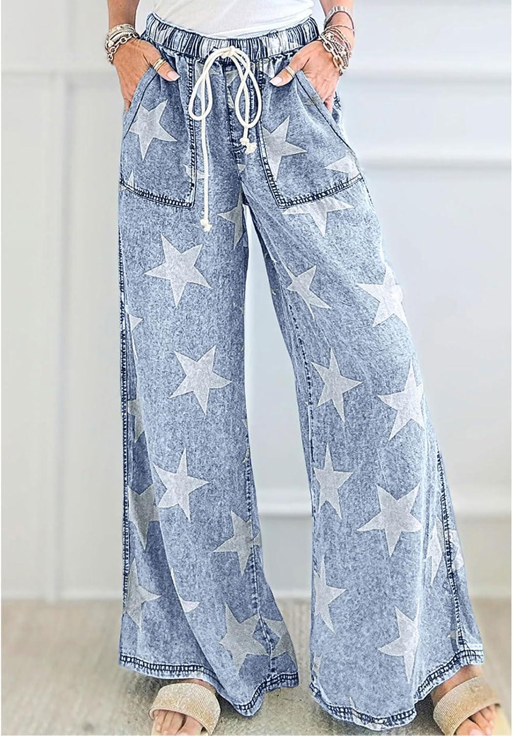 imageCHARTOU Women Baggy Wide Leg Drawstring Jeans Flare Elastic High Waist Star Printed Jeans Loose Denim PantsLight Blue