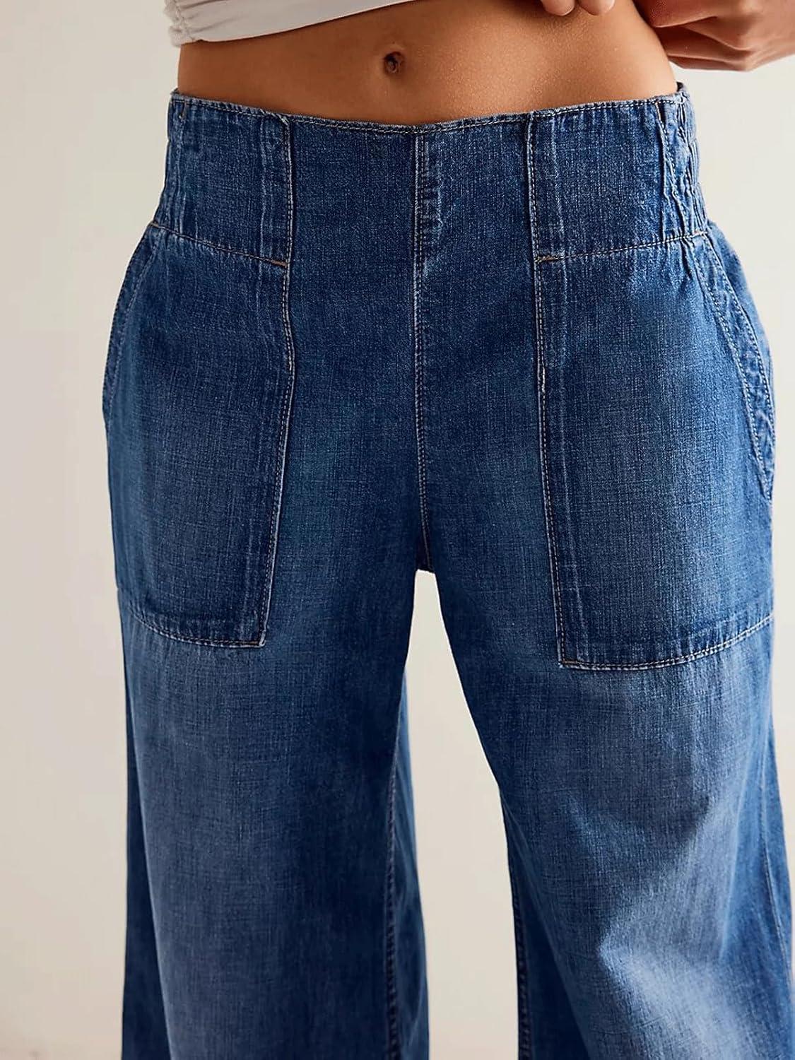 imageCHARTOU Women Boyfriend Wide Leg Denim Pants Back Smocked High Waist Jean Y2K Trendy Long Pants with PocketsDark Blue