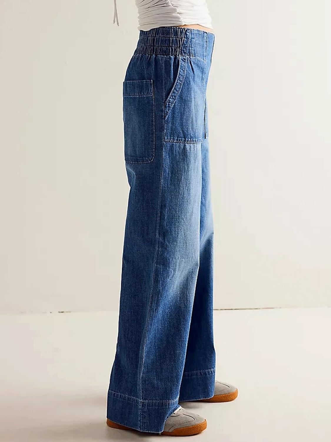 imageCHARTOU Women Boyfriend Wide Leg Denim Pants Back Smocked High Waist Jean Y2K Trendy Long Pants with PocketsDark Blue