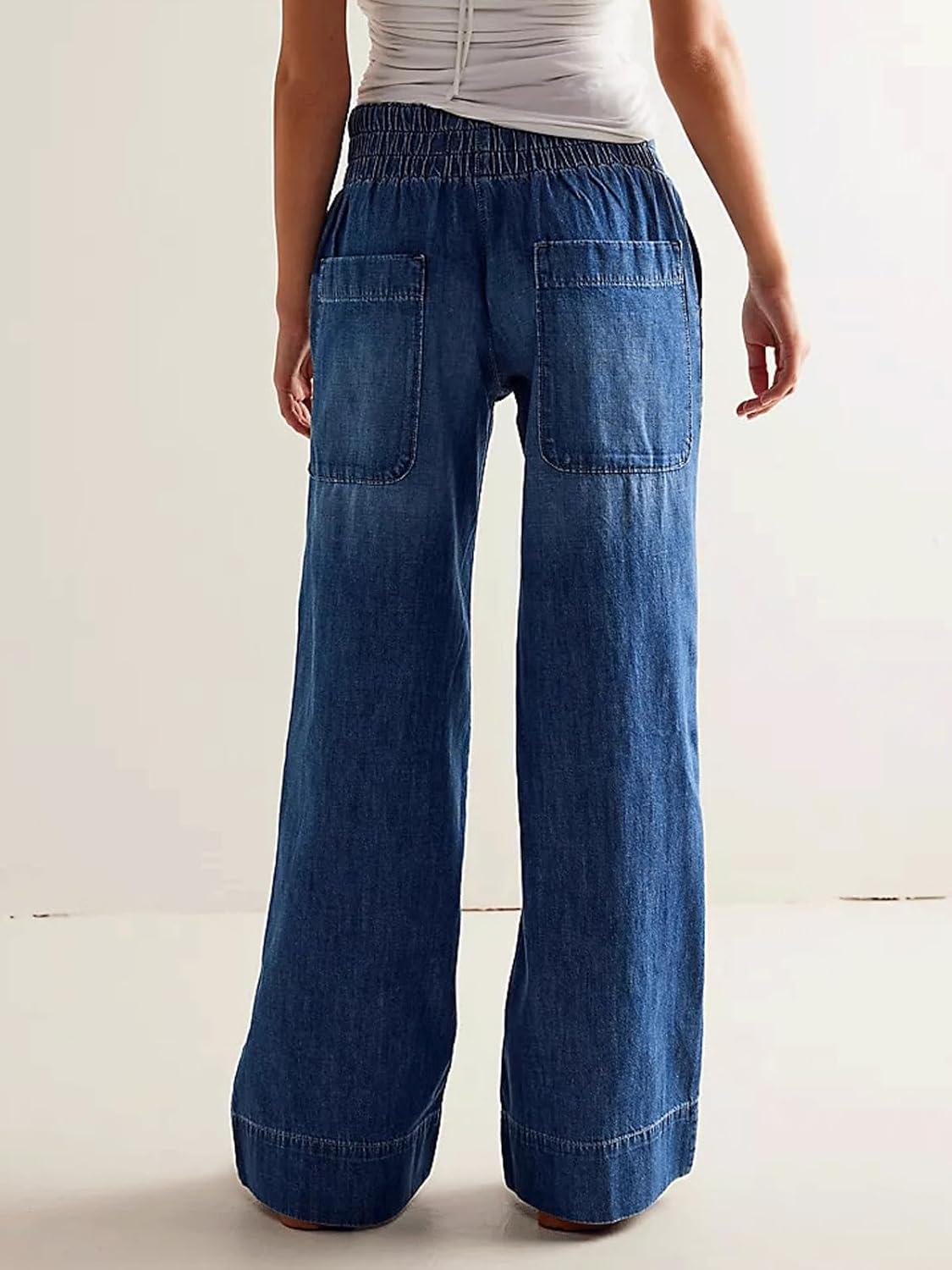 imageCHARTOU Women Boyfriend Wide Leg Denim Pants Back Smocked High Waist Jean Y2K Trendy Long Pants with PocketsDark Blue