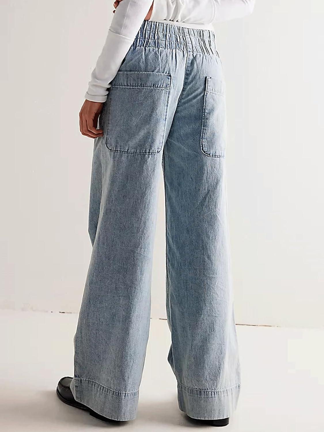 imageCHARTOU Women Boyfriend Wide Leg Denim Pants Back Smocked High Waist Jean Y2K Trendy Long Pants with PocketsLight Blue