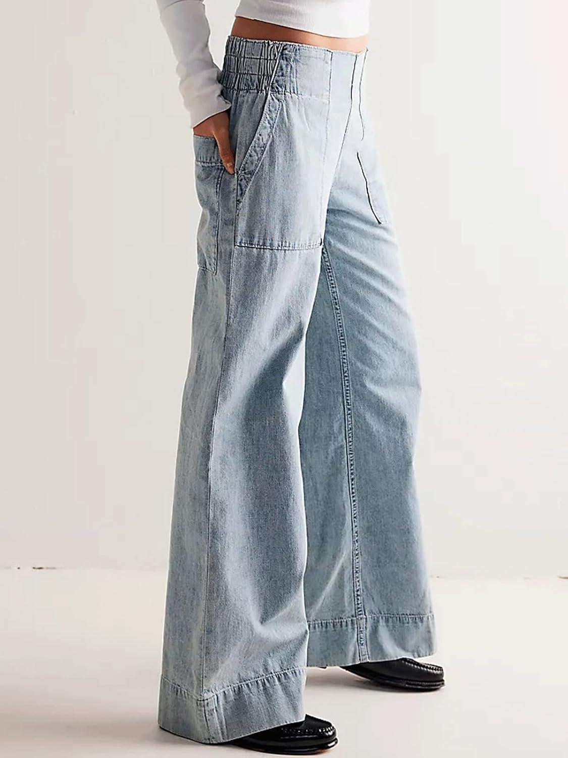 imageCHARTOU Women Boyfriend Wide Leg Denim Pants Back Smocked High Waist Jean Y2K Trendy Long Pants with PocketsLight Blue