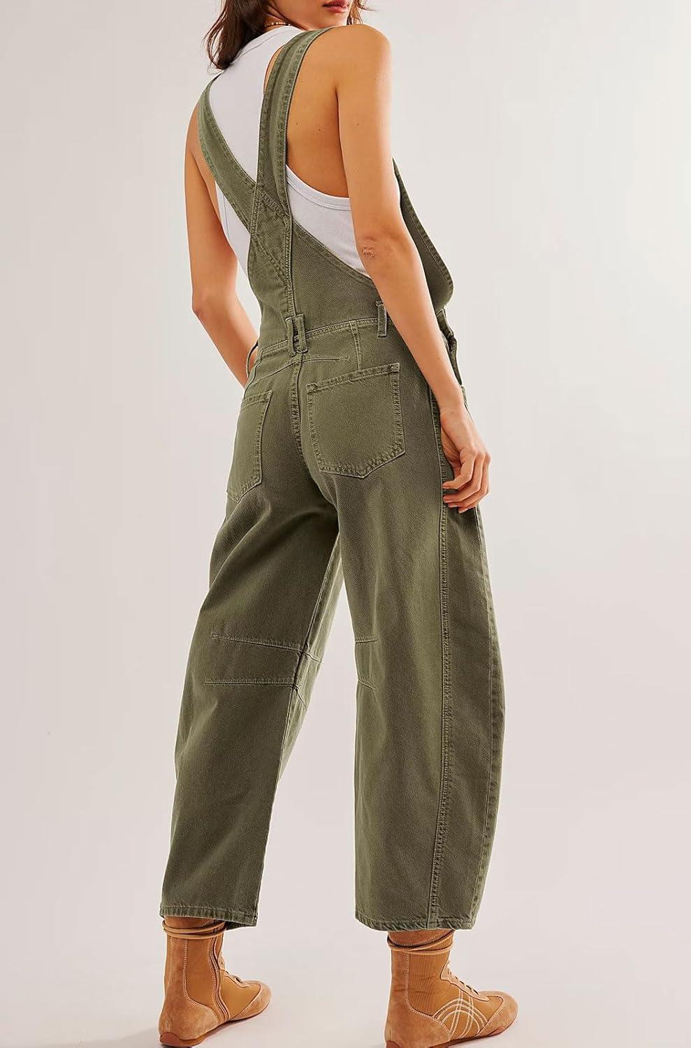 imageCHARTOU Women Casual Denim Bib Overalls Baggy Barrel Jeans Y2k Wide Leg Denim Jumpsuit Mid Rise Boyfriend Harem PantsArmy Green