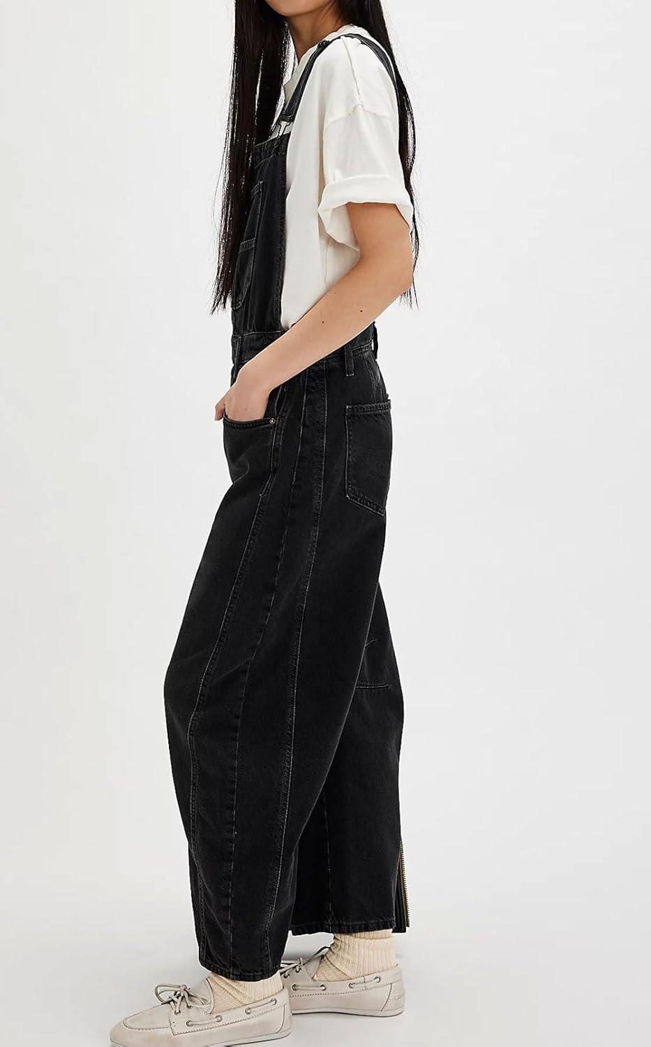 imageCHARTOU Women Casual Denim Bib Overalls Baggy Barrel Jeans Y2k Wide Leg Denim Jumpsuit Mid Rise Boyfriend Harem PantsBlack