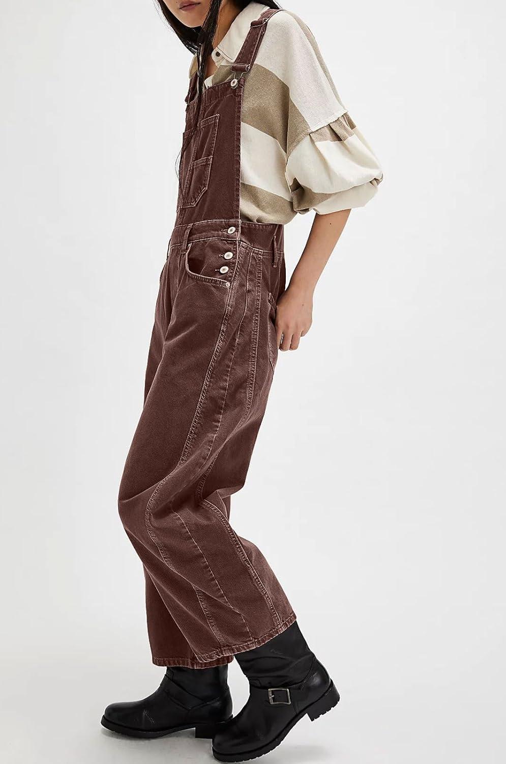 imageCHARTOU Women Casual Denim Bib Overalls Baggy Barrel Jeans Y2k Wide Leg Denim Jumpsuit Mid Rise Boyfriend Harem PantsChocolate