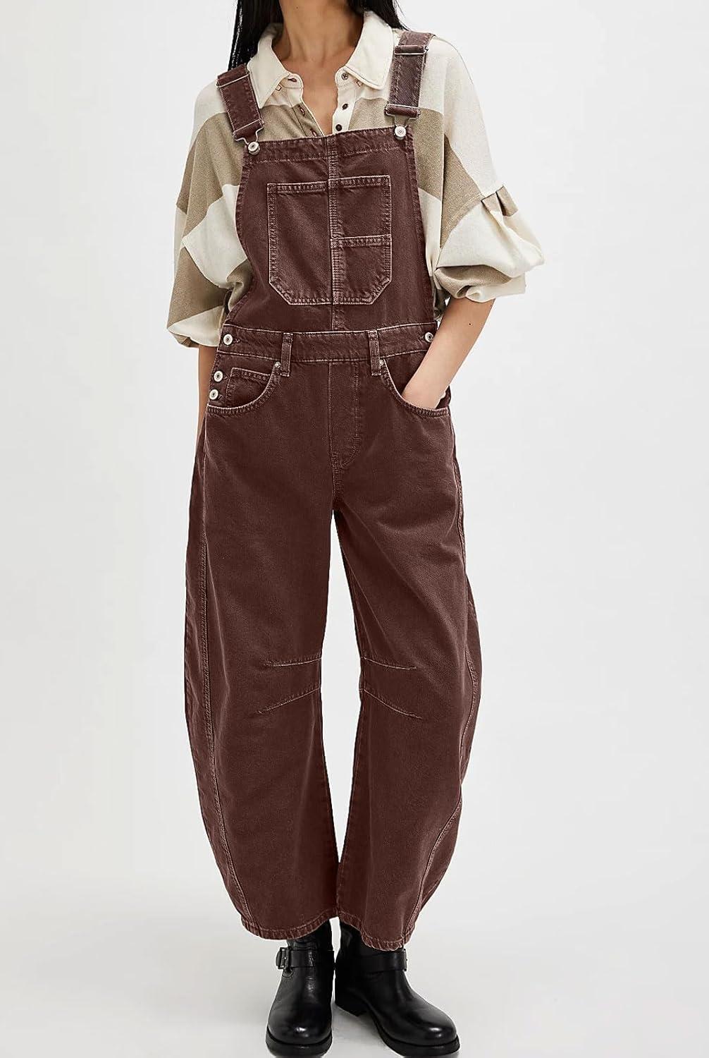 imageCHARTOU Women Casual Denim Bib Overalls Baggy Barrel Jeans Y2k Wide Leg Denim Jumpsuit Mid Rise Boyfriend Harem PantsChocolate