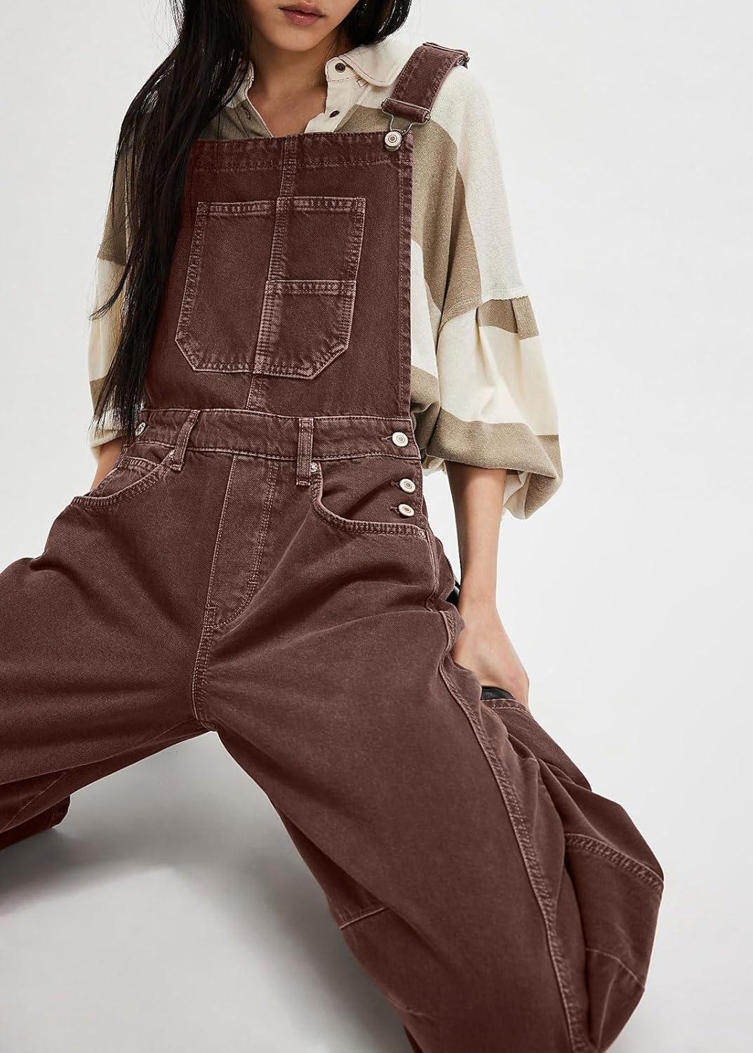 imageCHARTOU Women Casual Denim Bib Overalls Baggy Barrel Jeans Y2k Wide Leg Denim Jumpsuit Mid Rise Boyfriend Harem PantsChocolate