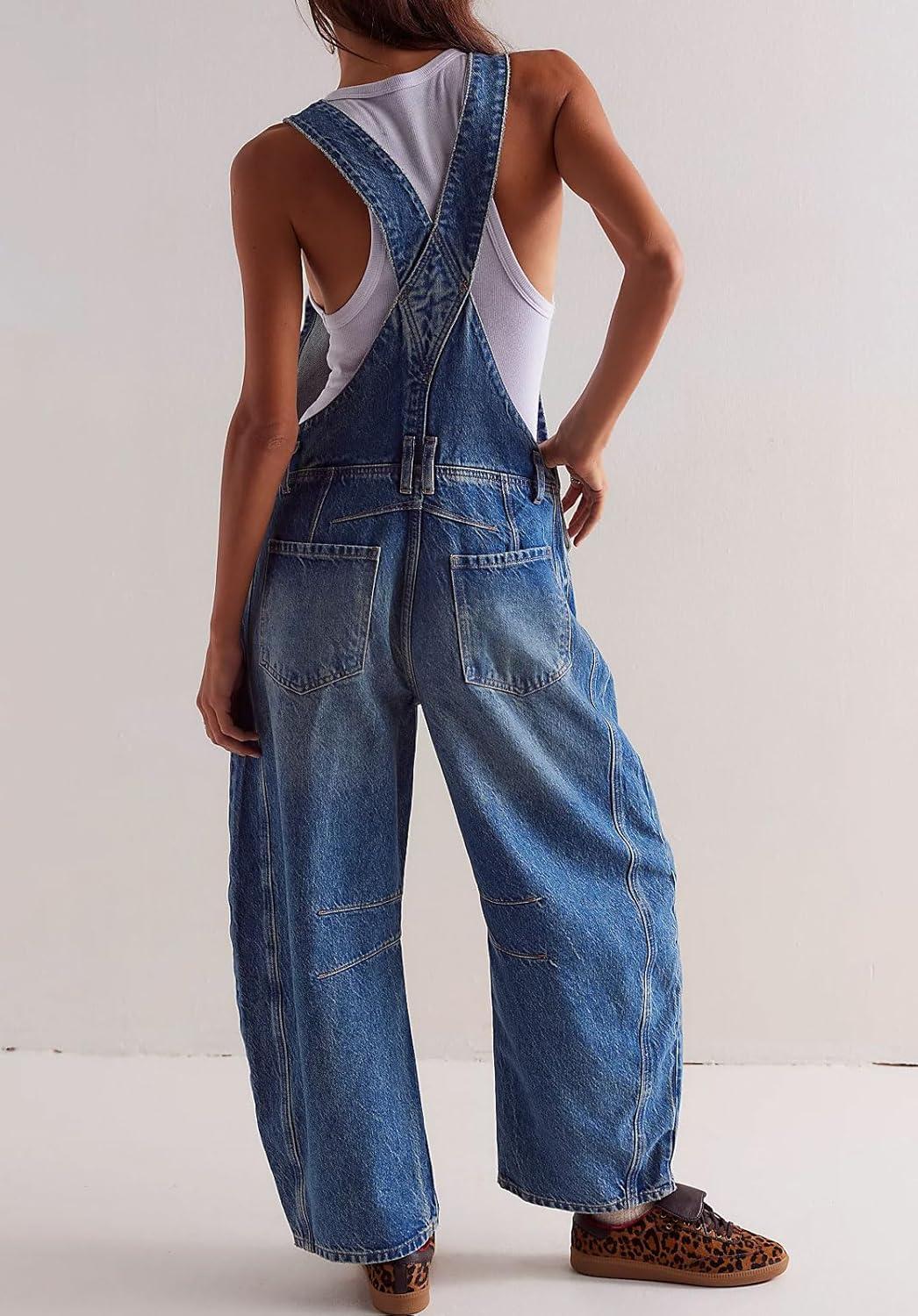 imageCHARTOU Women Casual Denim Bib Overalls Baggy Barrel Jeans Y2k Wide Leg Denim Jumpsuit Mid Rise Boyfriend Harem PantsDark Blue