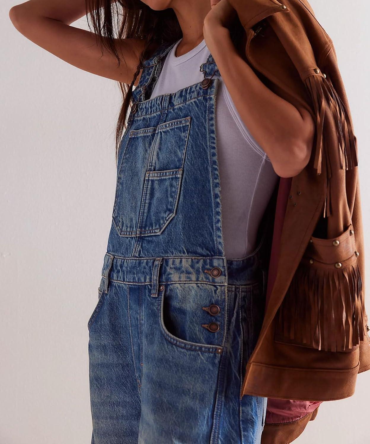 imageCHARTOU Women Casual Denim Bib Overalls Baggy Barrel Jeans Y2k Wide Leg Denim Jumpsuit Mid Rise Boyfriend Harem PantsDark Blue