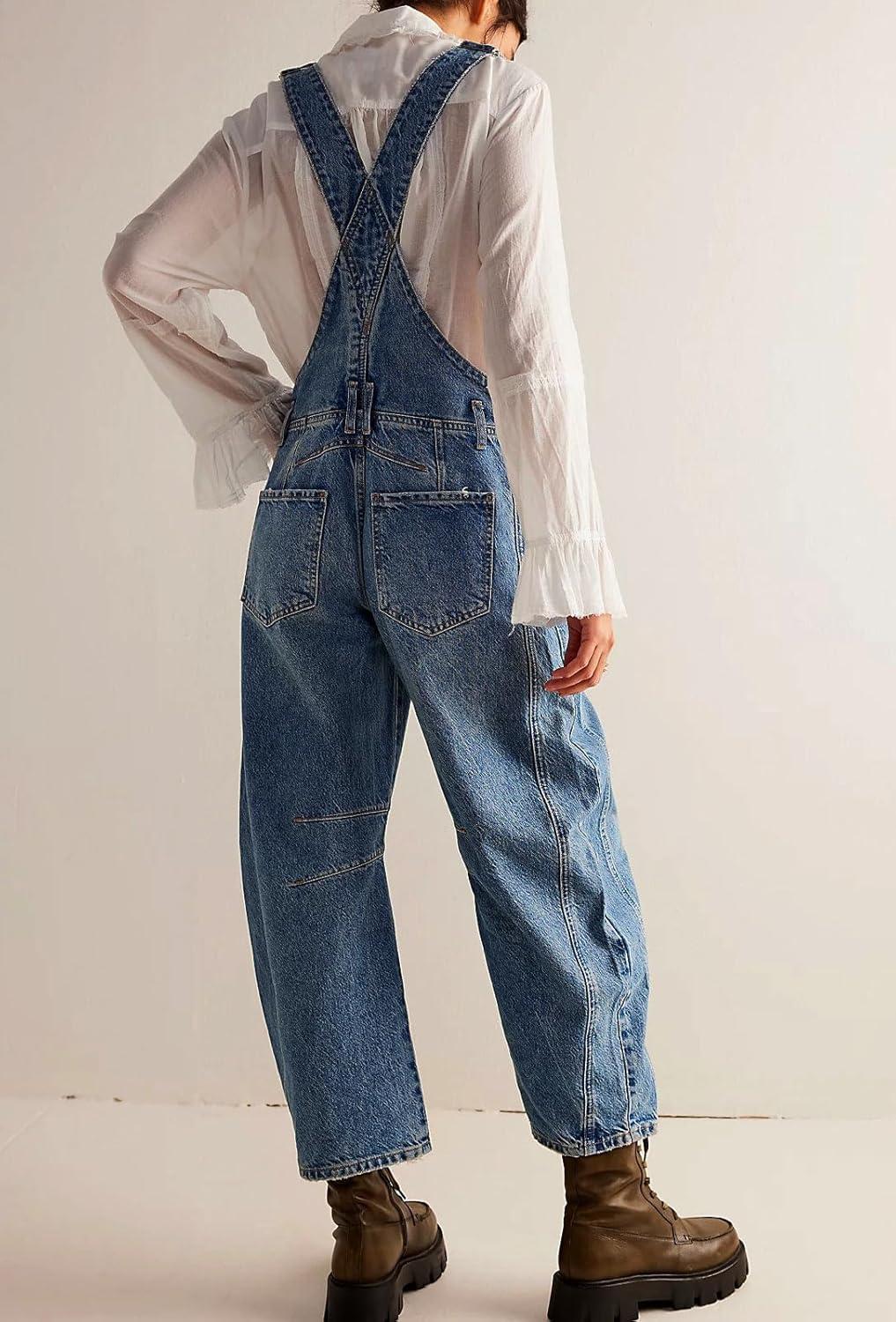 imageCHARTOU Women Casual Denim Bib Overalls Baggy Barrel Jeans Y2k Wide Leg Denim Jumpsuit Mid Rise Boyfriend Harem PantsDark Blue