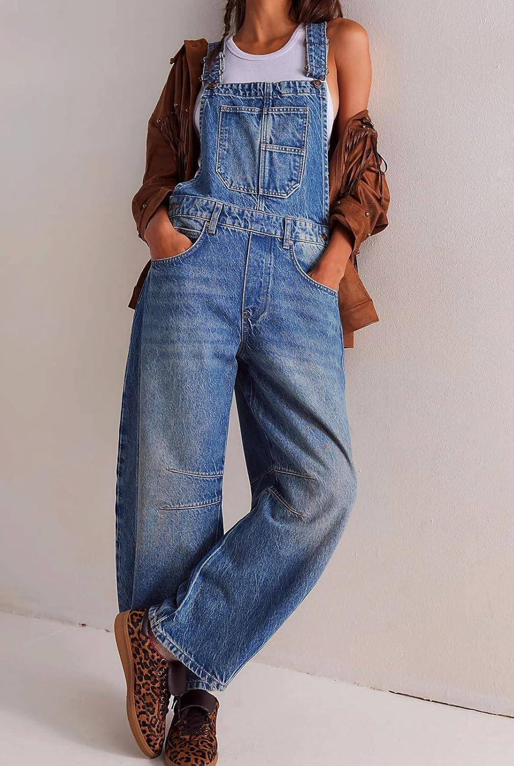 imageCHARTOU Women Casual Denim Bib Overalls Baggy Barrel Jeans Y2k Wide Leg Denim Jumpsuit Mid Rise Boyfriend Harem PantsDark Blue