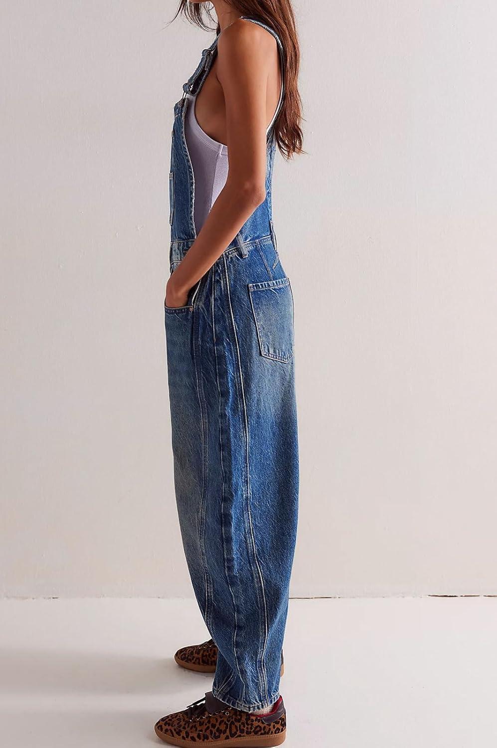 imageCHARTOU Women Casual Denim Bib Overalls Baggy Barrel Jeans Y2k Wide Leg Denim Jumpsuit Mid Rise Boyfriend Harem PantsDark Blue
