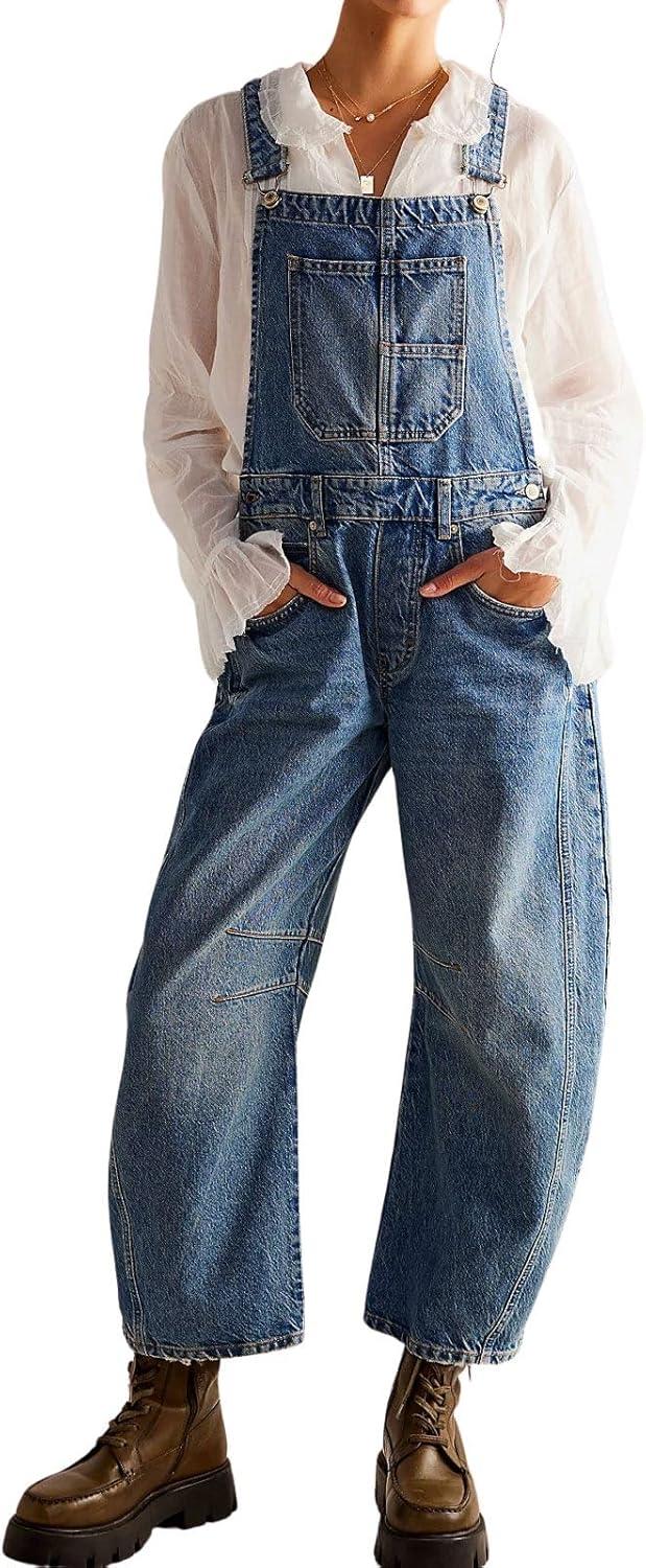 imageCHARTOU Women Casual Denim Bib Overalls Baggy Barrel Jeans Y2k Wide Leg Denim Jumpsuit Mid Rise Boyfriend Harem PantsDark Blue