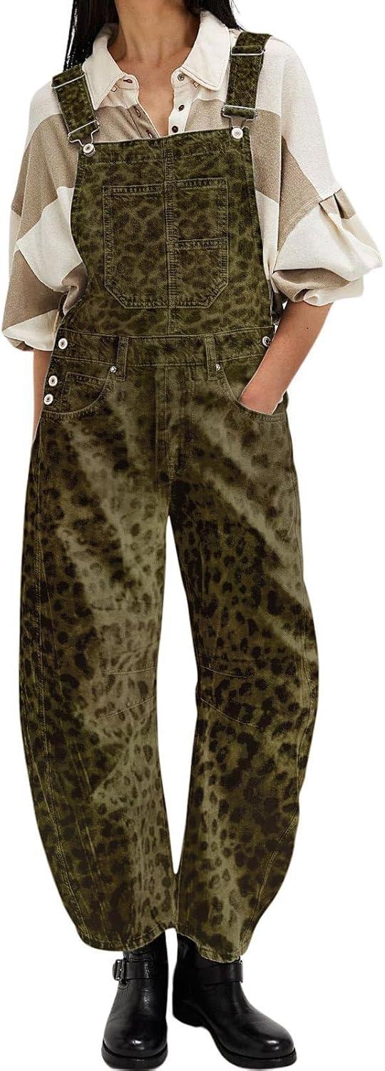 imageCHARTOU Women Casual Denim Bib Overalls Baggy Barrel Jeans Y2k Wide Leg Denim Jumpsuit Mid Rise Boyfriend Harem PantsLeopard Green