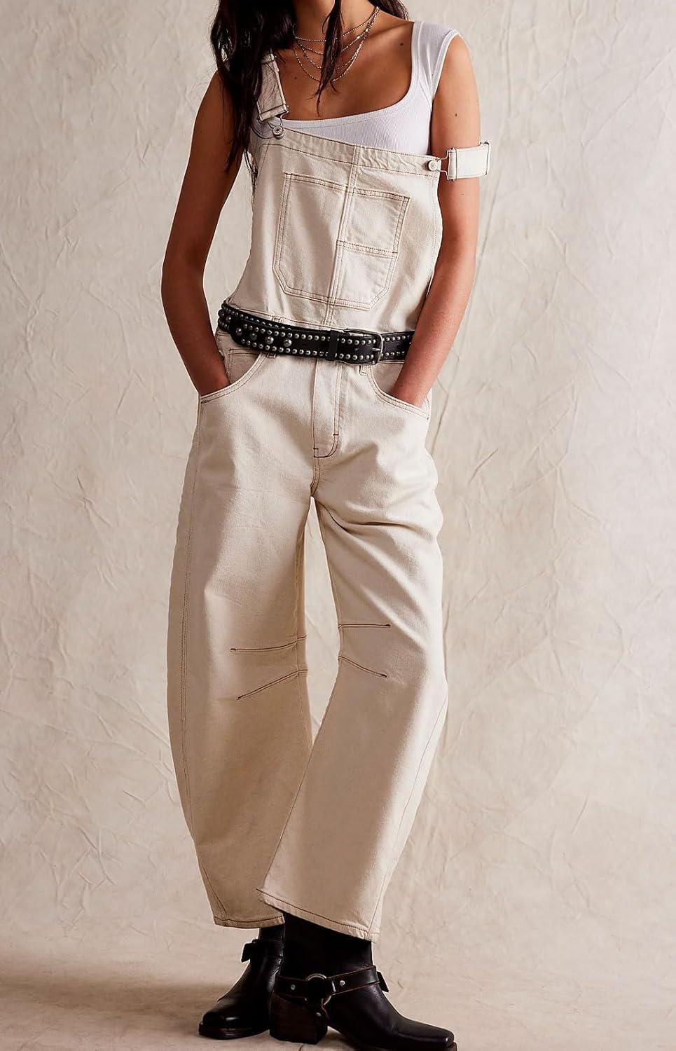 imageCHARTOU Women Casual Denim Bib Overalls Baggy Barrel Jeans Y2k Wide Leg Denim Jumpsuit Mid Rise Boyfriend Harem PantsOffwhite
