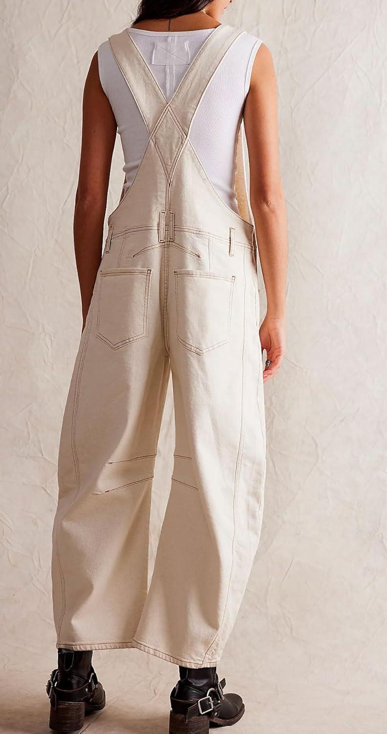 imageCHARTOU Women Casual Denim Bib Overalls Baggy Barrel Jeans Y2k Wide Leg Denim Jumpsuit Mid Rise Boyfriend Harem PantsOffwhite
