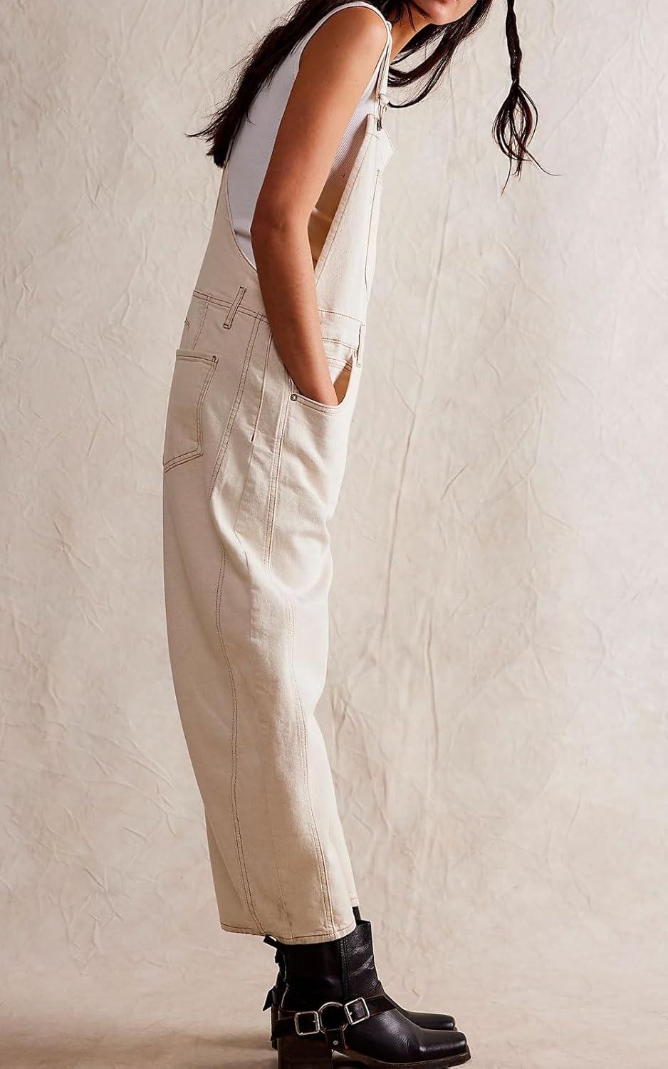 imageCHARTOU Women Casual Denim Bib Overalls Baggy Barrel Jeans Y2k Wide Leg Denim Jumpsuit Mid Rise Boyfriend Harem PantsOffwhite