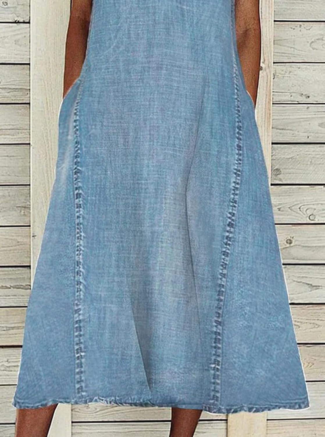 imageCHARTOU Women Casual Sleeveless Denim Midi Dress A Line SummerBlue