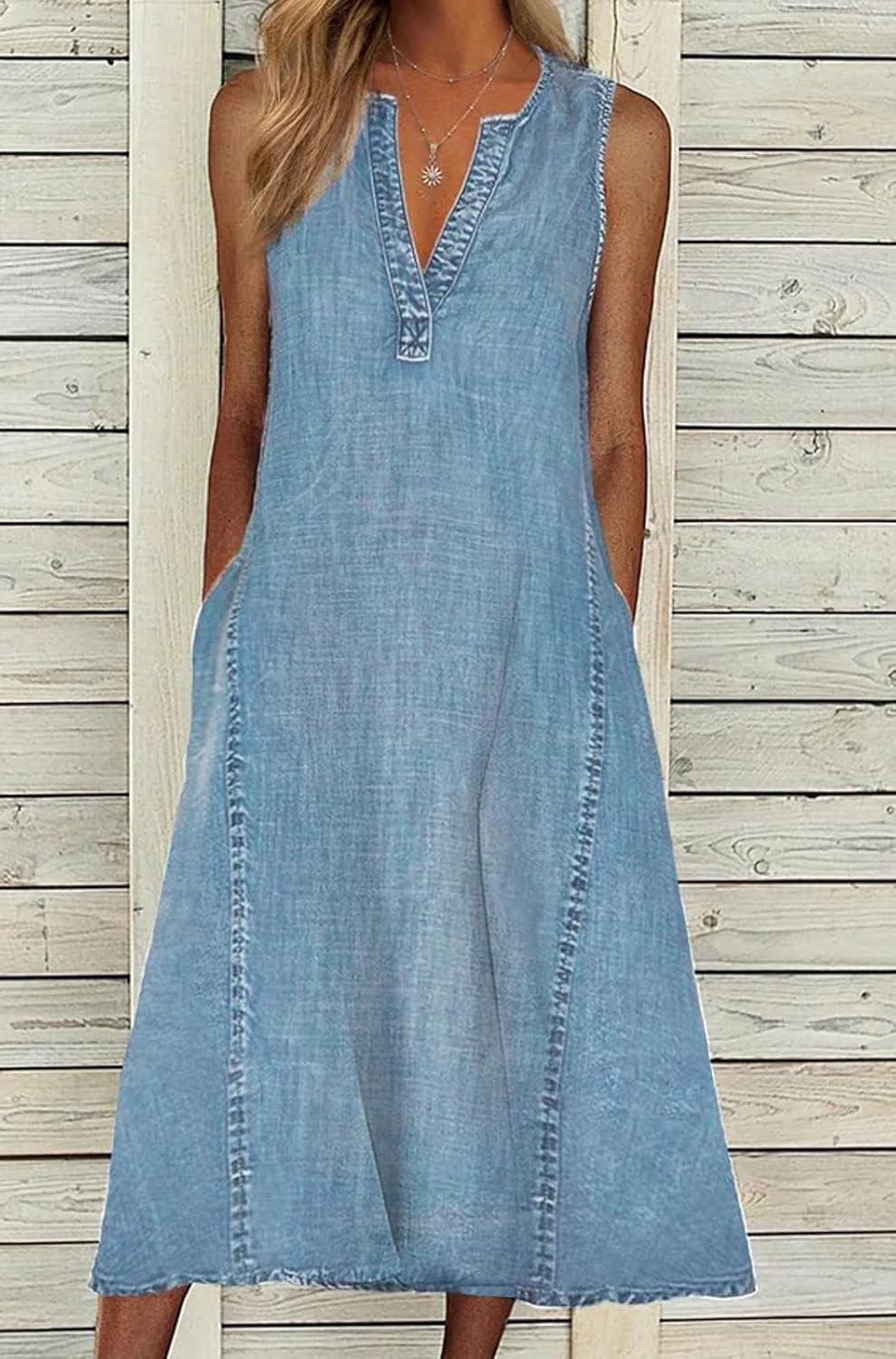 imageCHARTOU Women Casual Sleeveless Denim Midi Dress A Line SummerBlue
