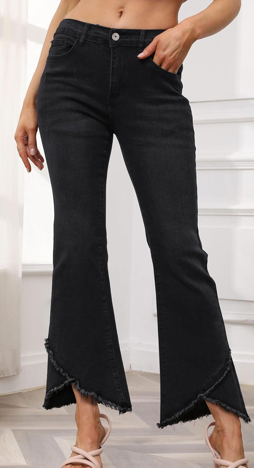 imageCHARTOU Women Cute Stretch Denim Jeans Ripped Distressed Frayed Hem Denim Pants Tassel Fringe Cropped JeansBlack