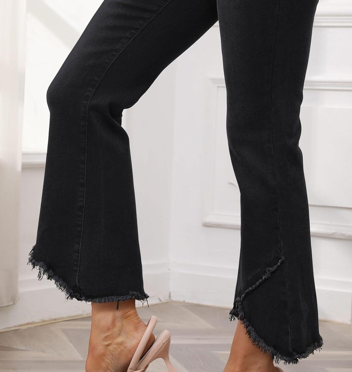 imageCHARTOU Women Cute Stretch Denim Jeans Ripped Distressed Frayed Hem Denim Pants Tassel Fringe Cropped JeansBlack