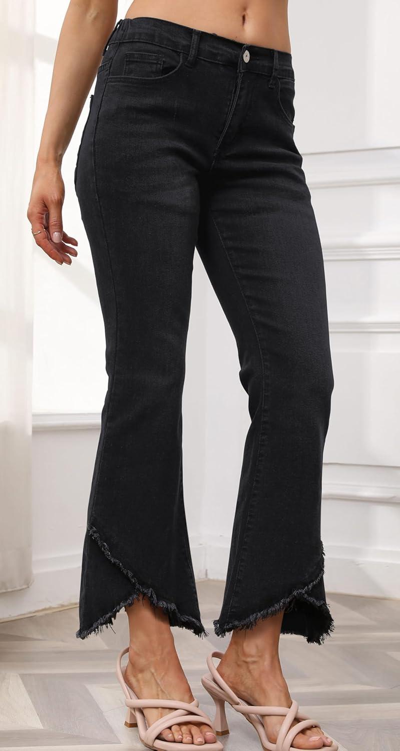 imageCHARTOU Women Cute Stretch Denim Jeans Ripped Distressed Frayed Hem Denim Pants Tassel Fringe Cropped JeansBlack