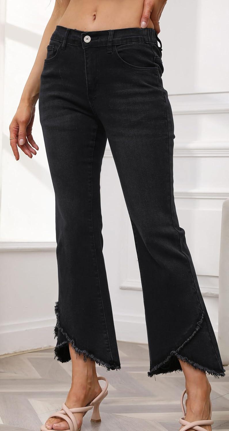 imageCHARTOU Women Cute Stretch Denim Jeans Ripped Distressed Frayed Hem Denim Pants Tassel Fringe Cropped JeansBlack