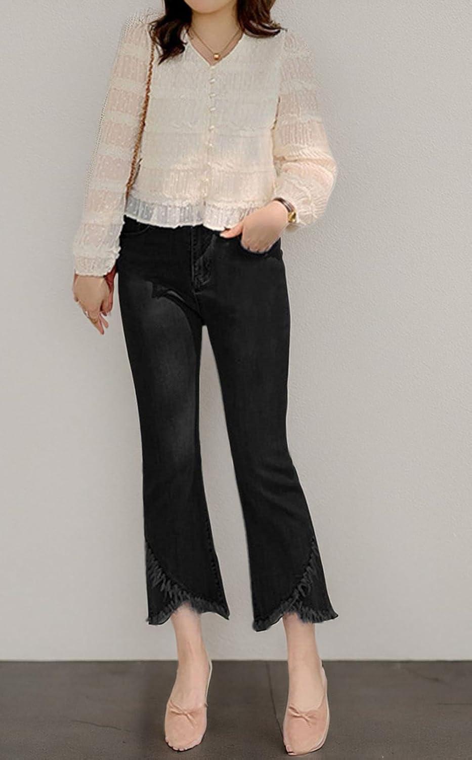 imageCHARTOU Women Cute Stretch Denim Jeans Ripped Distressed Frayed Hem Denim Pants Tassel Fringe Cropped JeansBlack