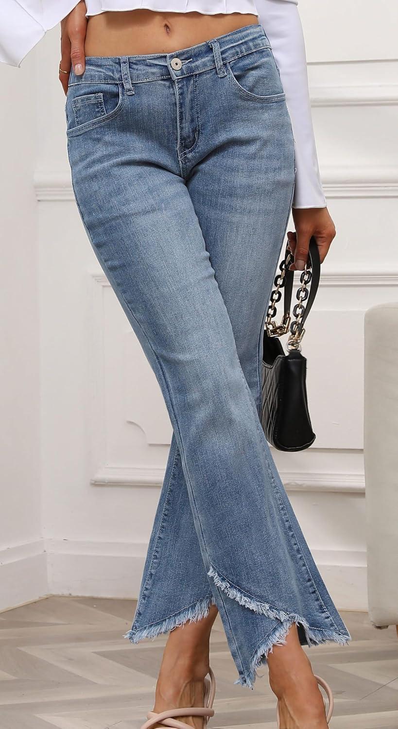 imageCHARTOU Women Cute Stretch Denim Jeans Ripped Distressed Frayed Hem Denim Pants Tassel Fringe Cropped JeansBlue