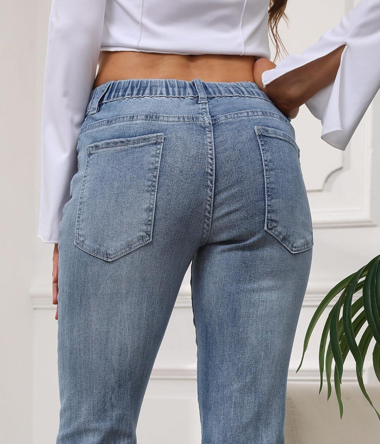 imageCHARTOU Women Cute Stretch Denim Jeans Ripped Distressed Frayed Hem Denim Pants Tassel Fringe Cropped JeansBlue