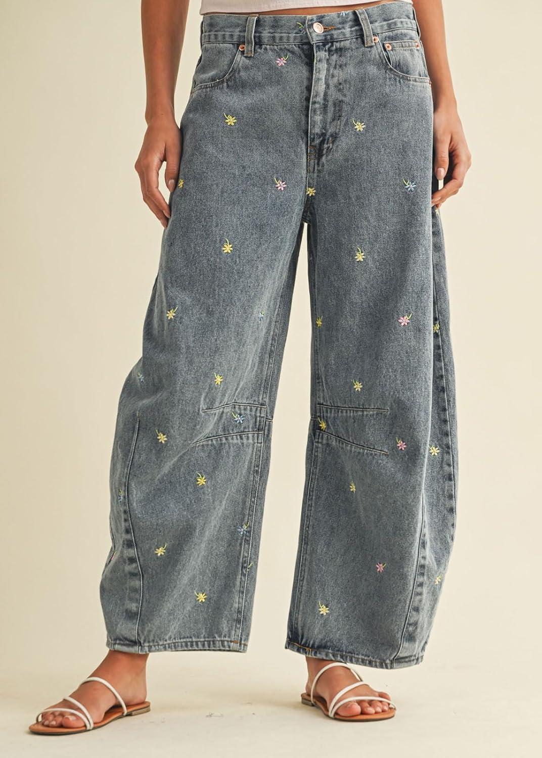 imageCHARTOU Women Embroidered Barrel Jeans Floral Baggy Jeans Loose Mid Rise Wide Leg Denim Pants with PocketsLight Blue