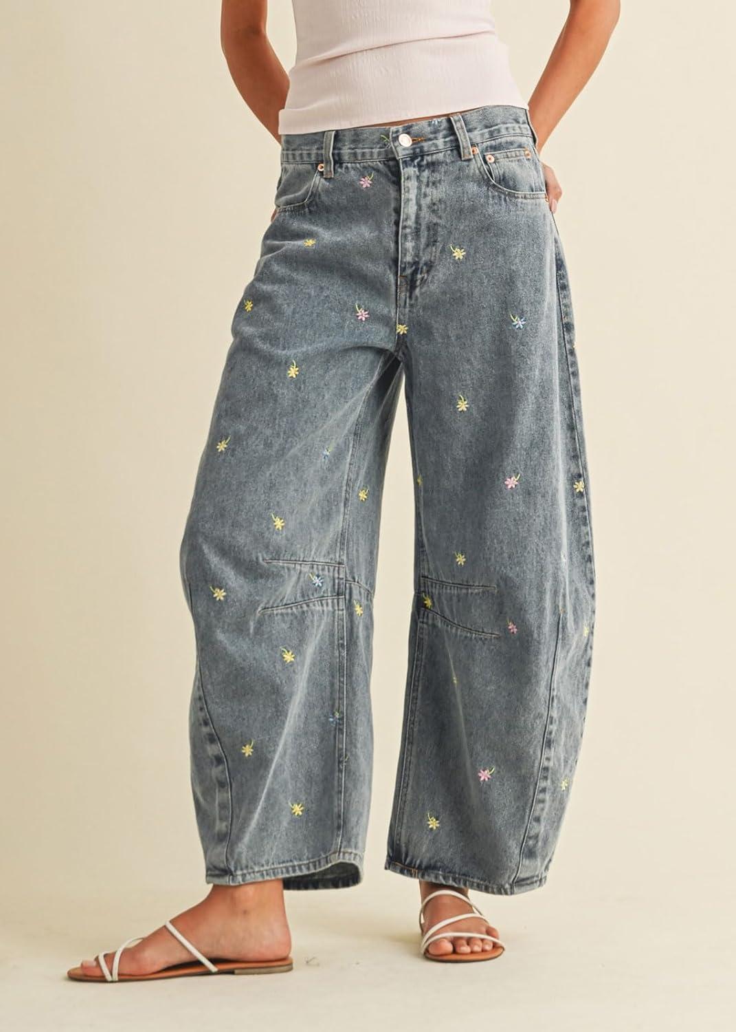 imageCHARTOU Women Embroidered Barrel Jeans Floral Baggy Jeans Loose Mid Rise Wide Leg Denim Pants with PocketsLight Blue