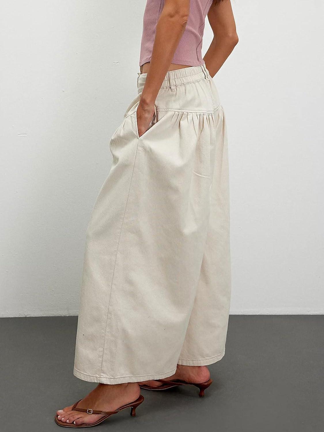 imageCHARTOU Women Flare Wide Leg Jeans Baggy Cropped Mid Rise Jeans Pleated Ruffle Denim Pants with PocketsBeige