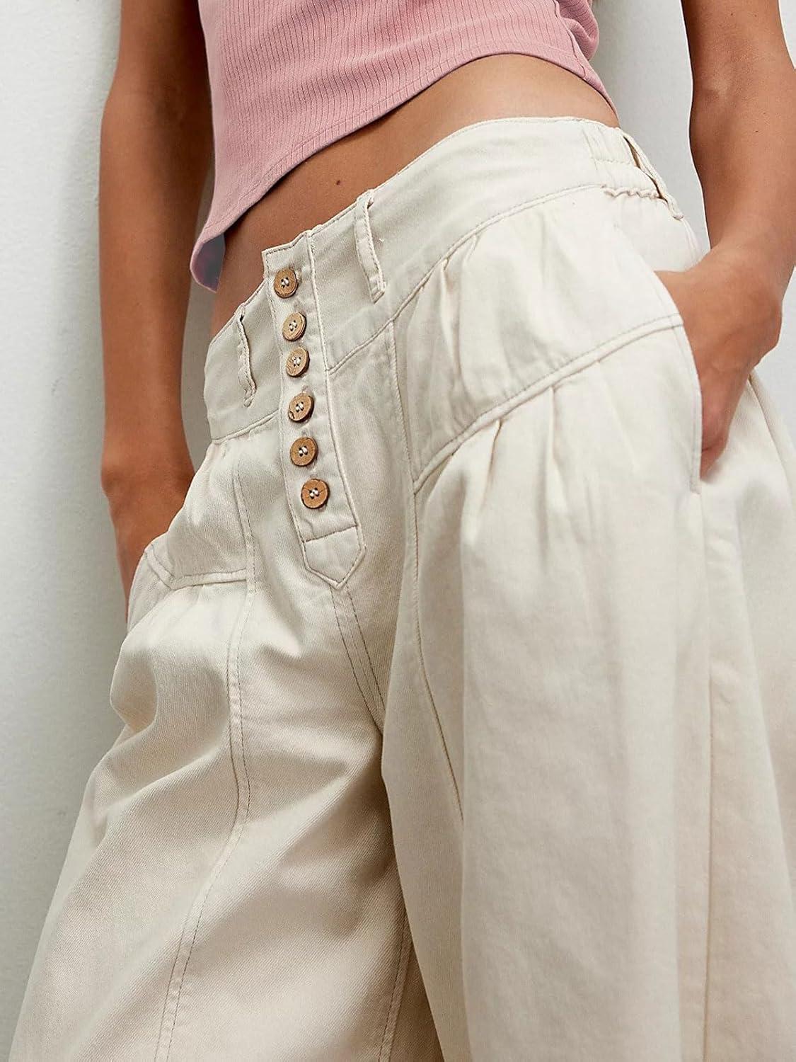 imageCHARTOU Women Flare Wide Leg Jeans Baggy Cropped Mid Rise Jeans Pleated Ruffle Denim Pants with PocketsBeige