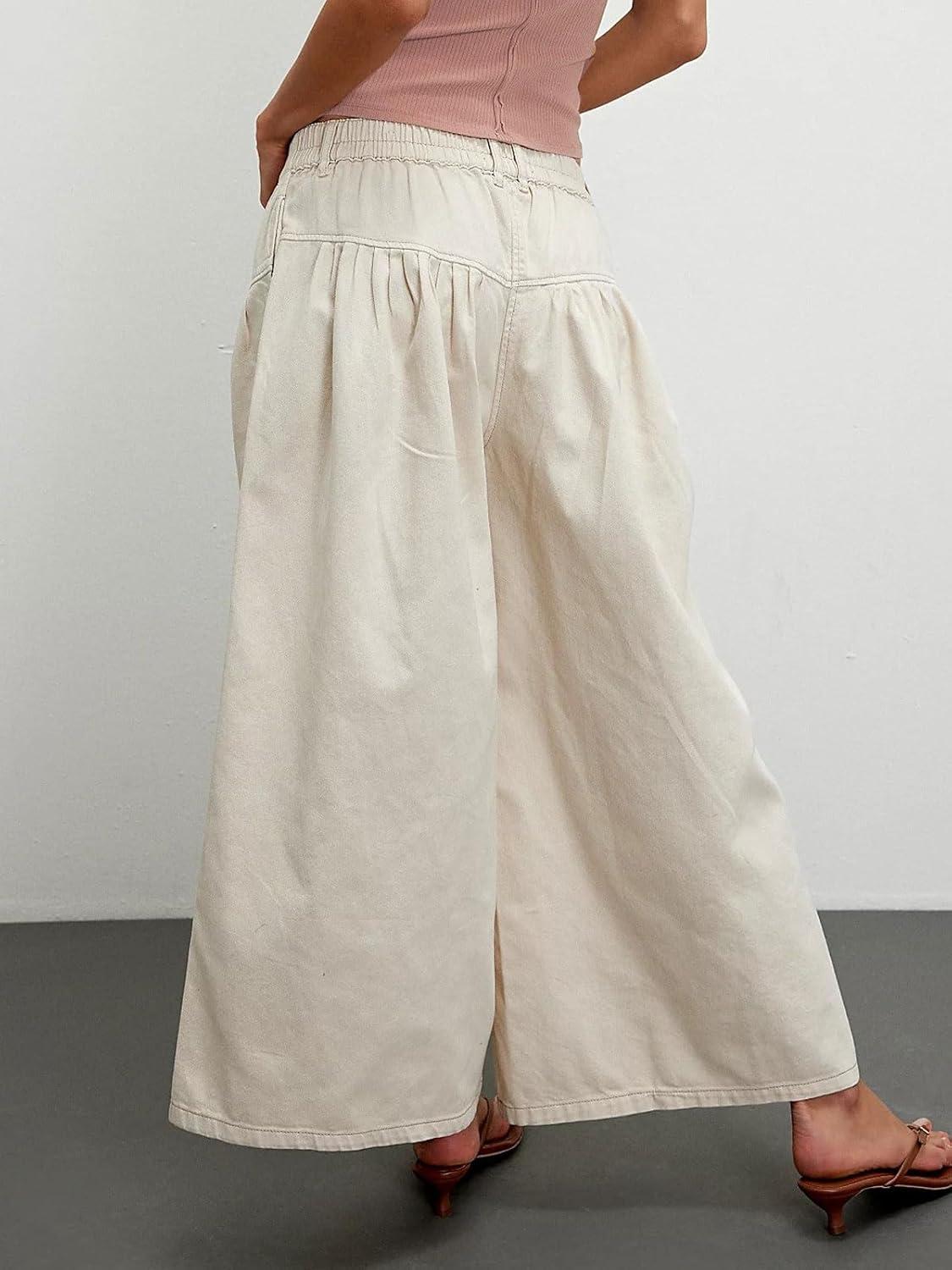 imageCHARTOU Women Flare Wide Leg Jeans Baggy Cropped Mid Rise Jeans Pleated Ruffle Denim Pants with PocketsBeige