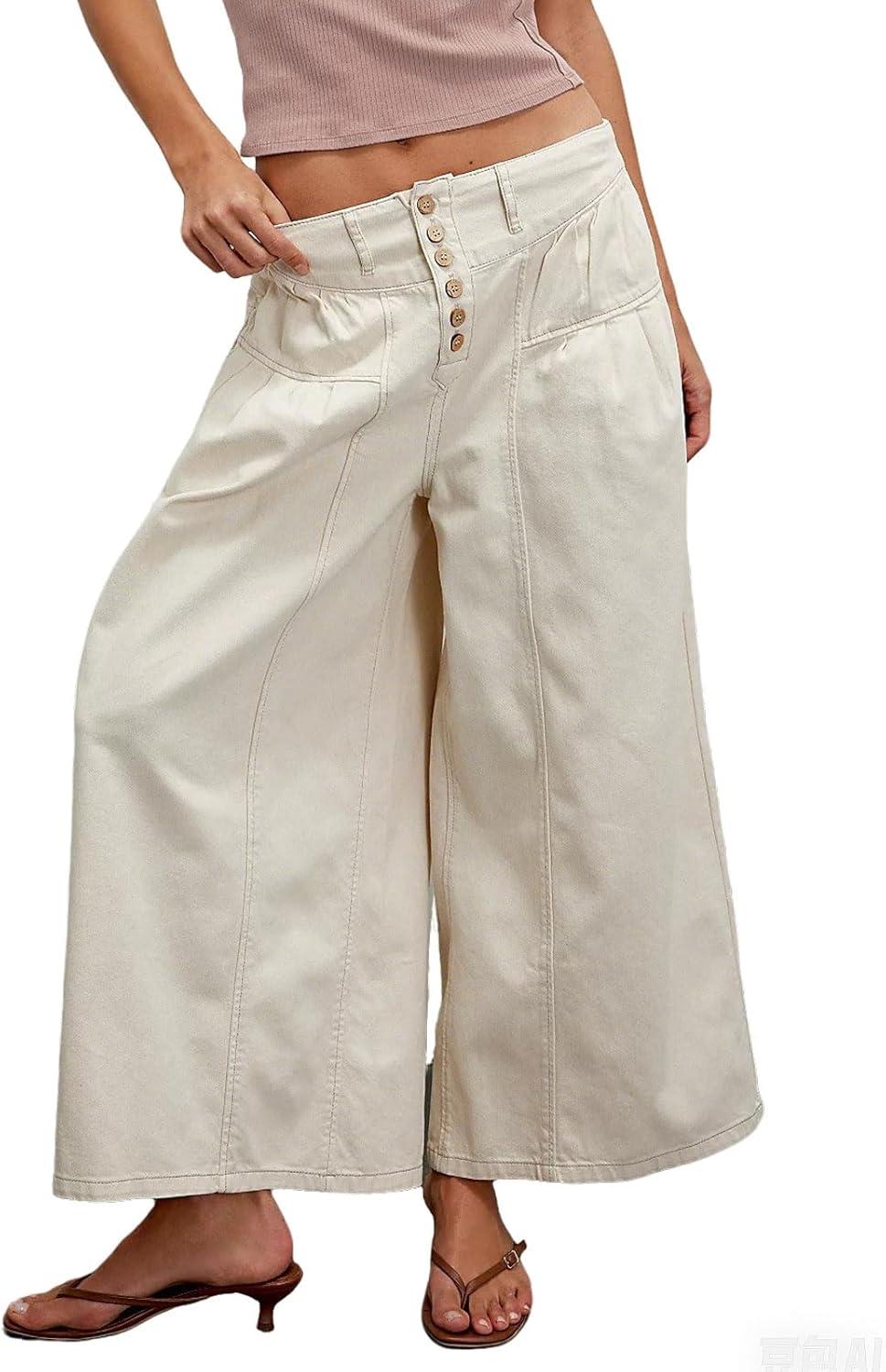 imageCHARTOU Women Flare Wide Leg Jeans Baggy Cropped Mid Rise Jeans Pleated Ruffle Denim Pants with PocketsBeige