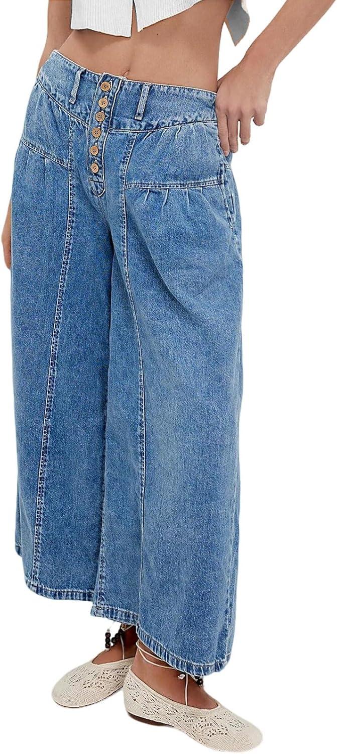 imageCHARTOU Women Flare Wide Leg Jeans Baggy Cropped Mid Rise Jeans Pleated Ruffle Denim Pants with PocketsDark Blue