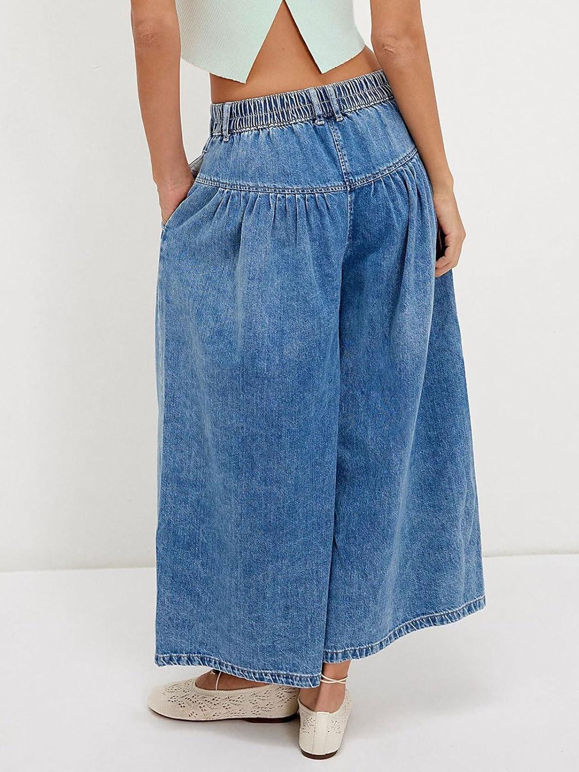 imageCHARTOU Women Flare Wide Leg Jeans Baggy Cropped Mid Rise Jeans Pleated Ruffle Denim Pants with PocketsDark Blue