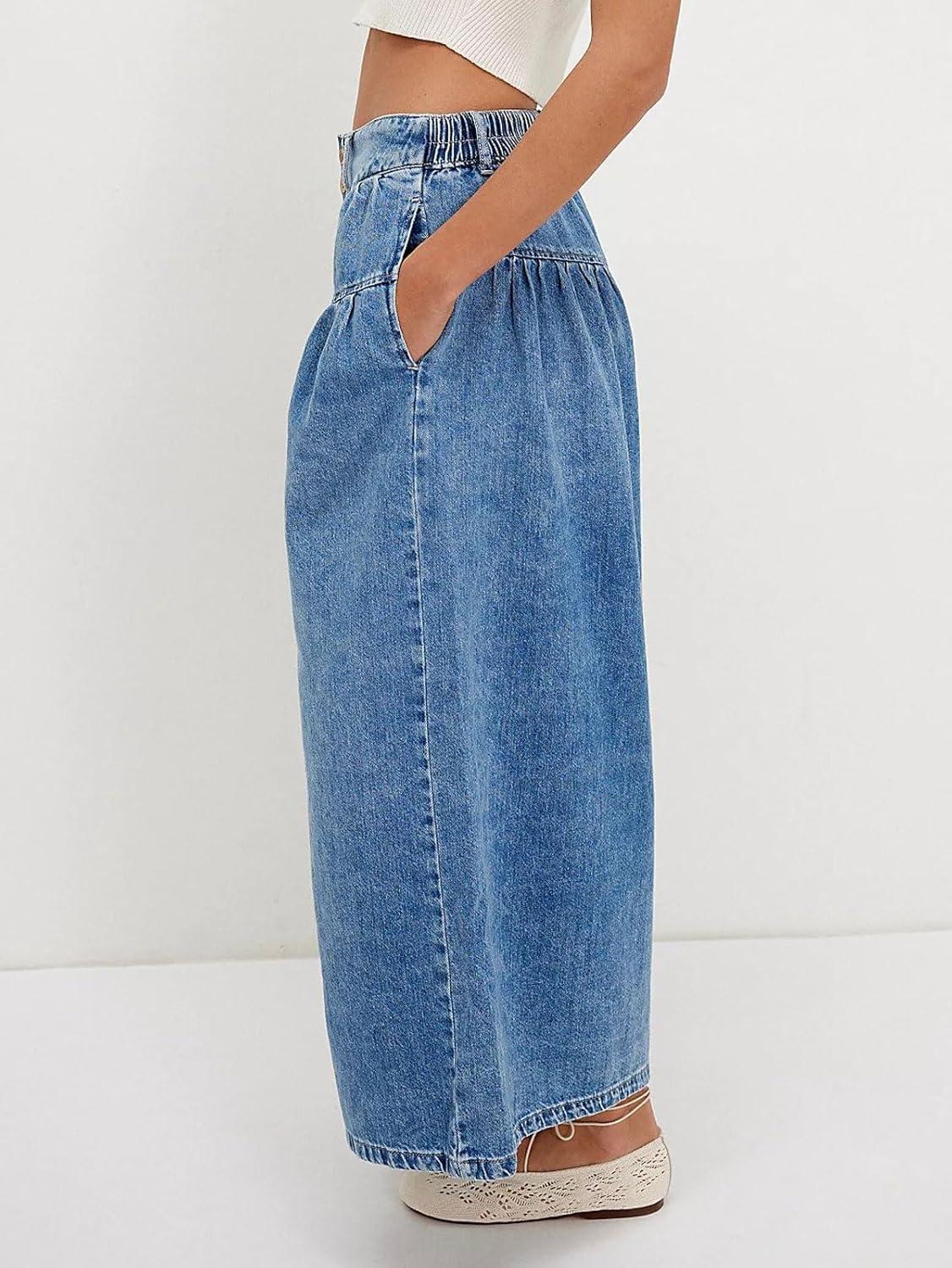 imageCHARTOU Women Flare Wide Leg Jeans Baggy Cropped Mid Rise Jeans Pleated Ruffle Denim Pants with PocketsDark Blue